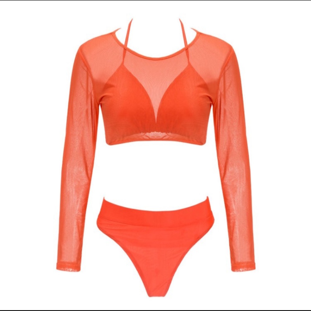 Orange 3 piece Swimsuit mesh long sleeve thong
